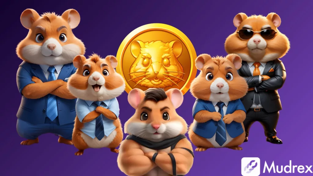 an illustration depicting various characters from the game hamster kombat along with a depiction of the HASMTR token
